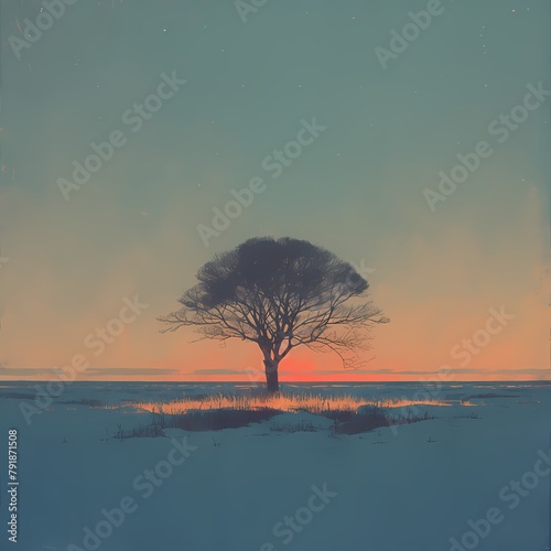 Tranquil Snowland Reflection - Exquisite Tree Profile with Radiant Sunset photo