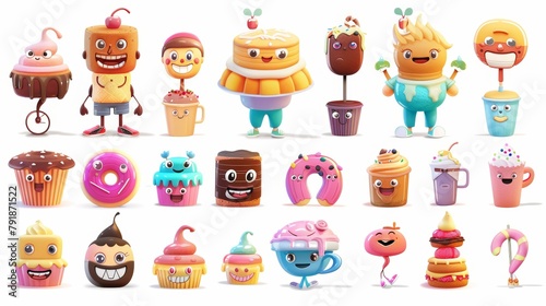 Modern illustration of retro restaurant mascots, sweet food, pancake, chocolate cookie, donut, ice cream, muffin, coffee cup smiling on white background.