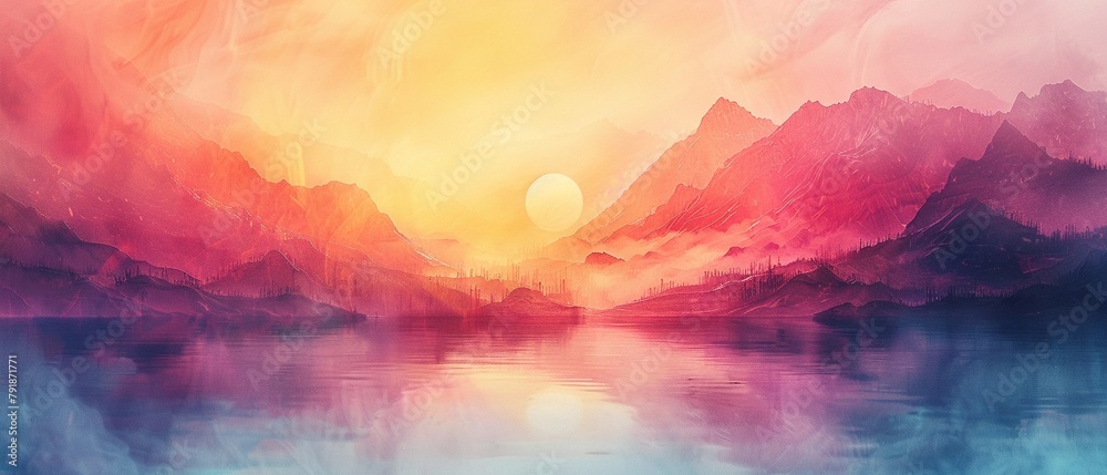 Sunrise mist, abstract colors blend, wide view, pastel palette for tranquil wallpaper