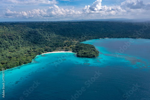 Drone view of green shore near turquoise sea under blue clouds. Tropical paradise. Sanma, Vanuatu.
