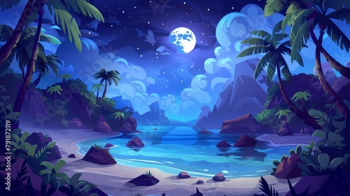An ocean lagoon at night with calm sea water. A beach with sand, stone and palm trees with coconuts, rocky mountains, a dark blue sky with clouds, and a moon and stars. Modern seaside cartoon