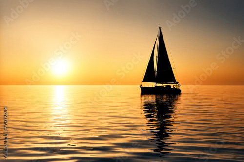 Illustration of golden sunset over calm waters with silhouette of a sailboat cruising at skyline, scenery. Sailboat at sunset on tranquil sea. Travel sea cruise concept. Copy ad text space. Gen Ai