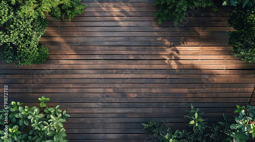 Draufsicht auf eine leere Gartenterrasse aus Holz, Holzterrasse