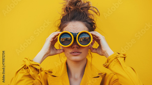 Woman with binoculars set against a vibrant yellow background explores distant sights photo