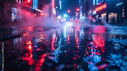 Rain drops on the asphalt road in the city at night. Abstract background bokeh effect.