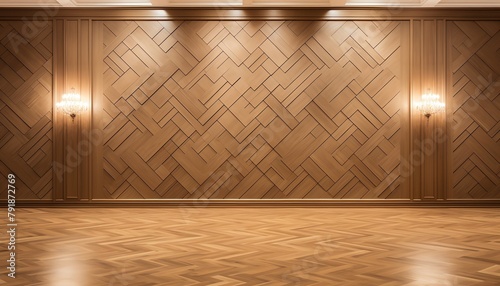 Artistic wood marquetry parquet wall in a public buildinglargescale pattern creating a warm and inviting atmosphere. photo