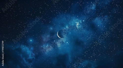 beauty of the night sky with deep indigo hues blending into midnight blue, adorned with twinkling stars and a crescent moon. Full ultra HD, high resolution.