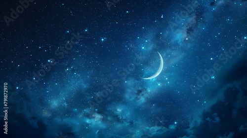 beauty of the night sky with deep indigo hues blending into midnight blue, adorned with twinkling stars and a crescent moon. Full ultra HD, high resolution.