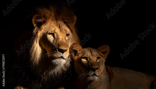 pareja de leones a contraluz con un fondo negro