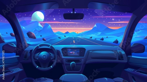 Car interior through windshield on desert road at night under full moon light. Cartoon driverless car interior with steering wheel, control dashboard, and GPS. photo