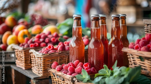 Raspberry beer at a local farmers market. Bottles and glasses of the vibrant red beer amidst baskets brimming with fresh harvest raspberries. AI Generated