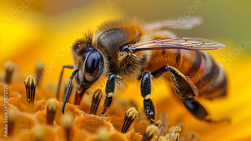 A close-up of a bee collecting pollen from a sunflower, focusing on the interaction between the beea??s legs and the flowera??s stamen photo