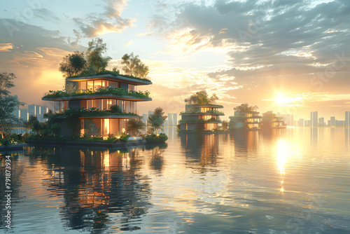 Floating eco-friendly houses at sunrise, ideal for real estate or futuristic living concepts. World Ocean Day.