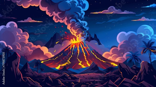 Cartoon modern illustration of prehistoric landscape with dangerous volcanic mountain with magma explosion, smaller rock hills and plants, clouds in the sky.