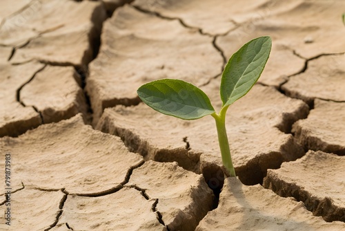 A resilient plant growing from cracked, dry ground amidst harsh conditions
