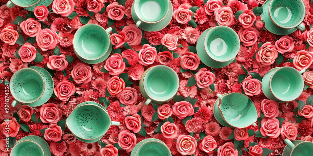 Pink and green plates and cups arranged in a wall of roses creating a whimsical and colorful display Pink and green plates and cups arranged in a wall of roses creating a whimsical and colorful display