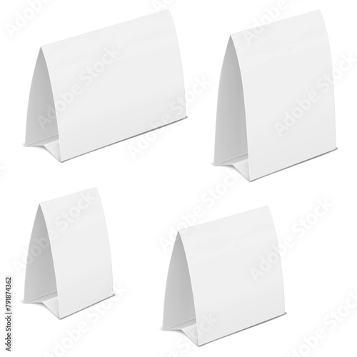 Table tent template set. White blank paper countertop pop banner stand, desk calendar. Realistic mock-up. Desktop promotional graphic display card vector mockup