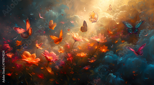 Ethereal Flutter: Vibrant Butterflies Influence Flower Growth in Oil