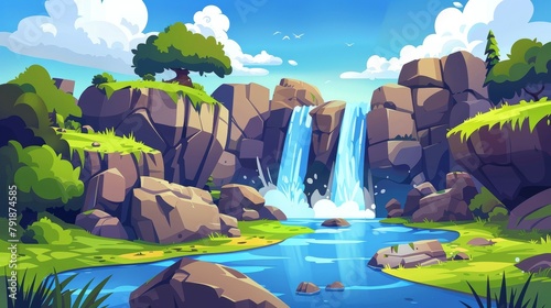 Waterfall landscape with river or lake modern illustration. Grass valley fantasy summer picture with waterfall and riverside. Clouds in the sky.