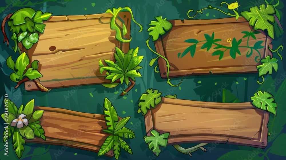 Cartoon forest wood sign board frame with grass, vine, and flower. Isolated level label interface elements set. Cartoon forest wood sign board frame with grass, vine, and flower. Isolated level label interface elements set.