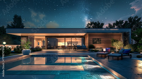 A breathtaking view of a contemporary villa illuminated by vibrant LED lights against the darkness of the night, with no signs of life within, exuding an air of sophistication and tranquility in its q © AI IMAGES COLLECTION