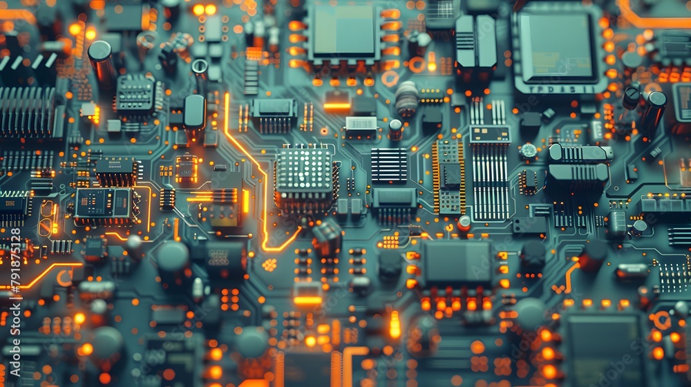 electronic systems with small circuits, PCB, microcontroller, and components on a gradient teal background, depicted in cinematic full ultra HD