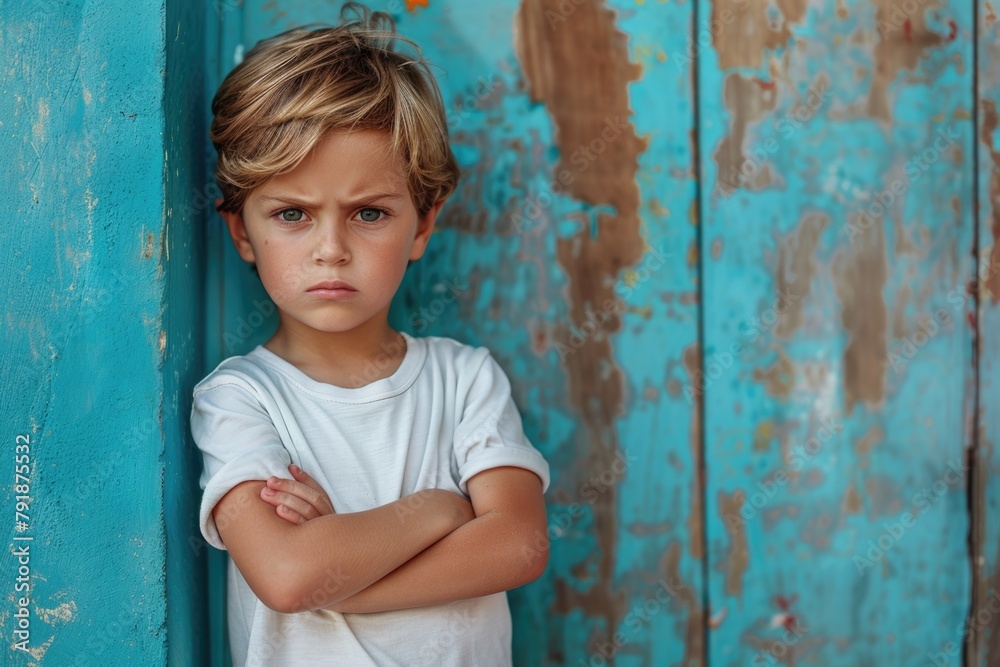 Angry, dissatisfied boy stands with his arms crossed Angry, dissatisfied boy stands with his arms crossed