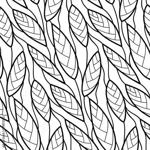 Abstract vector seamless floral background of doodle hand drawn lines. Monochrome wave pattern. Coloring book page. Black white wallpaper.