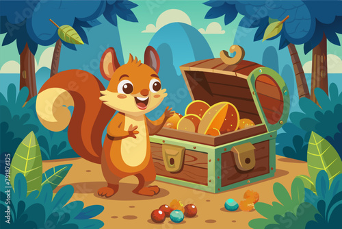 A squirrel finding a hidden treasure chest filled with acorns