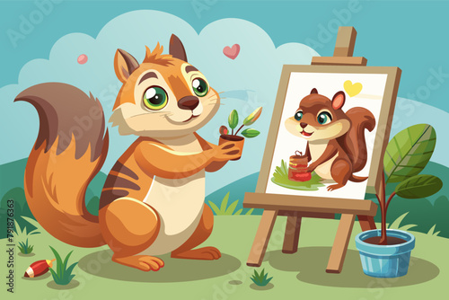 A squirrel painting a portrait of its chipmunk friend
