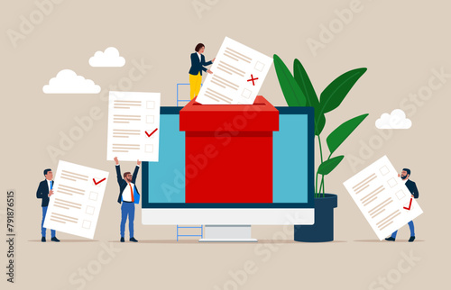 Ballot box and voters. Paper ballots to election box. Electronic voting system for elections. Democracy Freedom Concept. Flat vector illustration