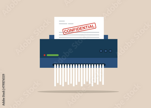 Paper shredder confidential and private document office information protection. Flat modern vector illustration.