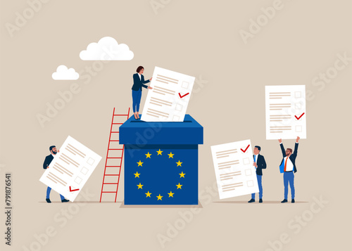 Ballot box and voters. Voting in European Union. Paper ballots to election box. Democracy Freedom Concept. Flat vector illustration