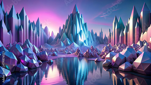 A fantastical landscape is depicted with sharp, crystalline structures towering over a serene body of water. Vibrant shades of pink and blue light up the sky, reflecting off the geometric shapes.AI ge photo