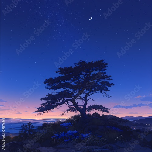 Calm Evening Scenery Featuring a Majestic Evergreen Tree Against Star-Studded Horizon