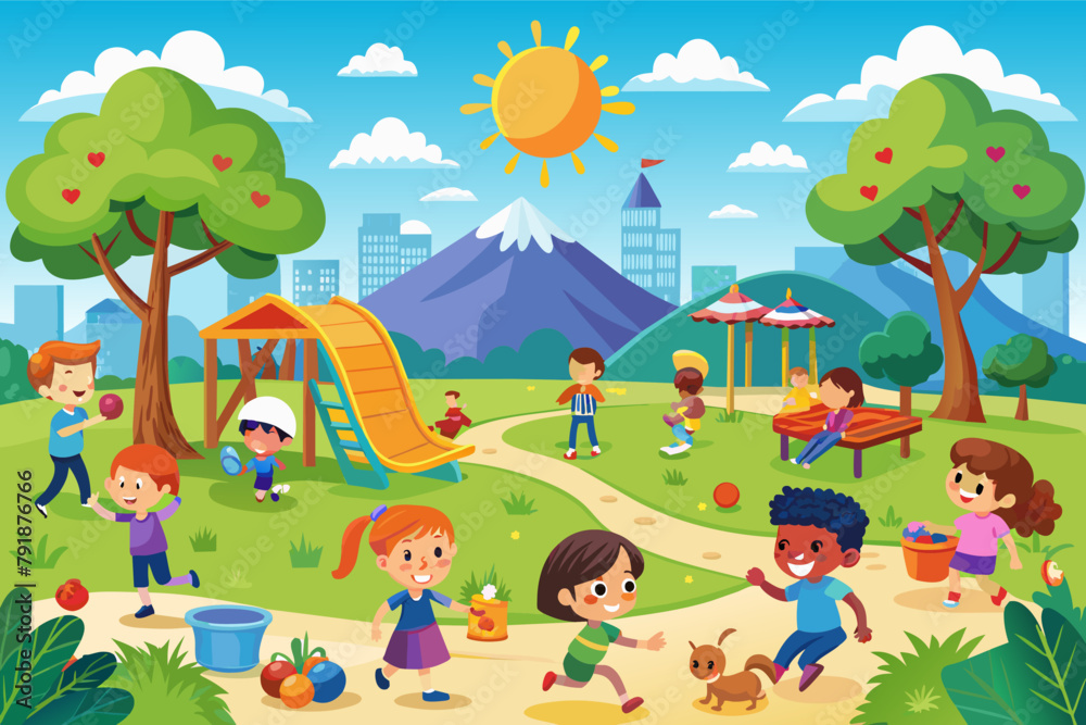 A sunny day at the park with children playing A sunny day at the park with children playing