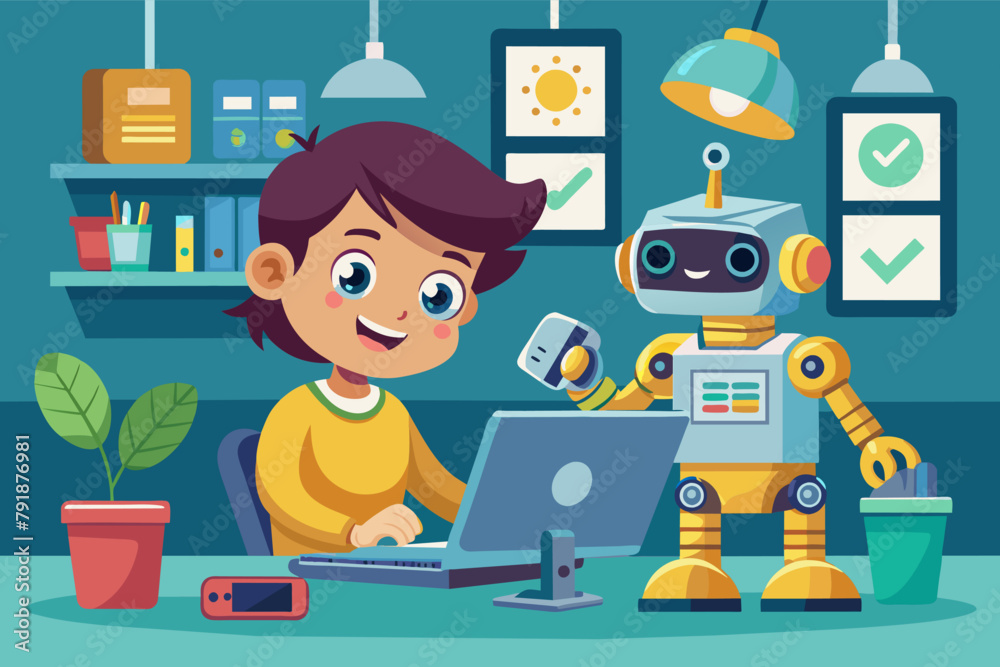 tech-savvy kid programming on pc a robot companion tech-savvy kid programming on pc a robot companion