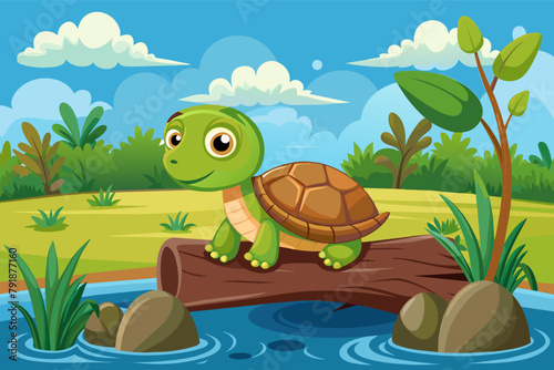 A turtle taking a break on a log in a tranquil pond