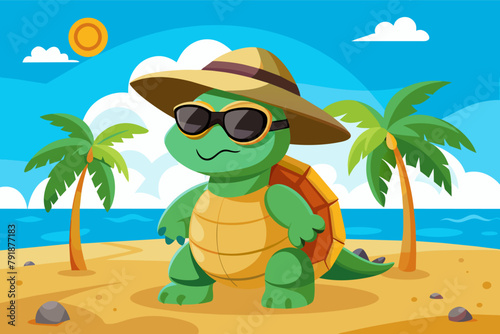 A turtle wearing sunglasses and a sunhat at the beach