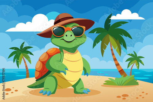 A turtle wearing sunglasses and a sunhat at the beach