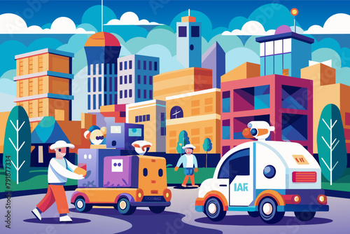 Autonomous delivery robots transporting packages in a city