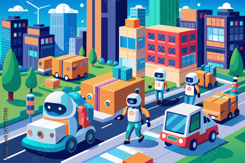 Autonomous delivery robots transporting packages in a city