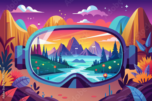 A virtual reality headset displaying a vivid, immersive landscape