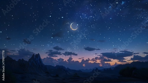 night with a peaceful sky adorned with a crescent moon and scattered stars, portrayed in full ultra HD high resolution.