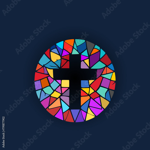 circular colored stained glass window with crucifix