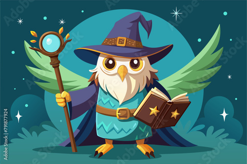 A whimsical wizard owl with a wand and spellbook