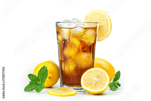 A refreshing glass of iced tea garnished with lemon slices and mint leaves, a cooling beverage for hot summer afternoons isolated on solid white background.