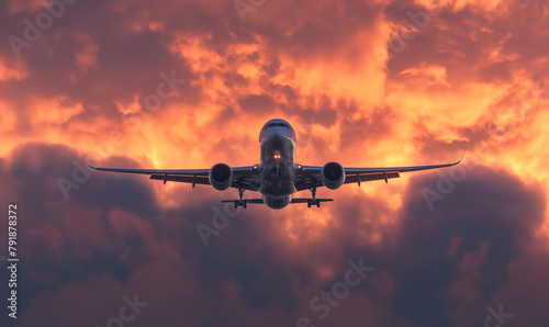 A passenger airplane was flying in the sky with beautiful clouds at sunset. The plane was seen from below, and it had its wheels down as if about to land or take off