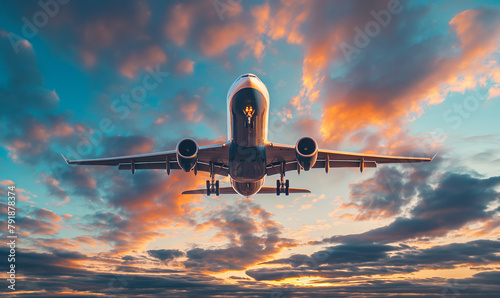 A passenger airplane was flying in the sky with beautiful clouds at sunset. The plane was seen from below, and it had its wheels down as if about to land or take off photo