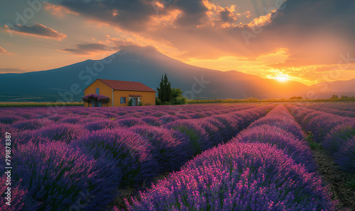 The endless landscape of the lavender farm, the mountain of ice caps in the distant background, and in the middle, there is a pretty so little yellow wall and a house decorated with an orange roof, a photo